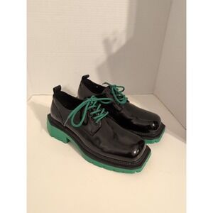 Men's Faux Patent Leather Oxford Platform Shoes Green Soles and Laces Size 7/40